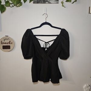 Cute Black Peplum Top With Puff Sleeves